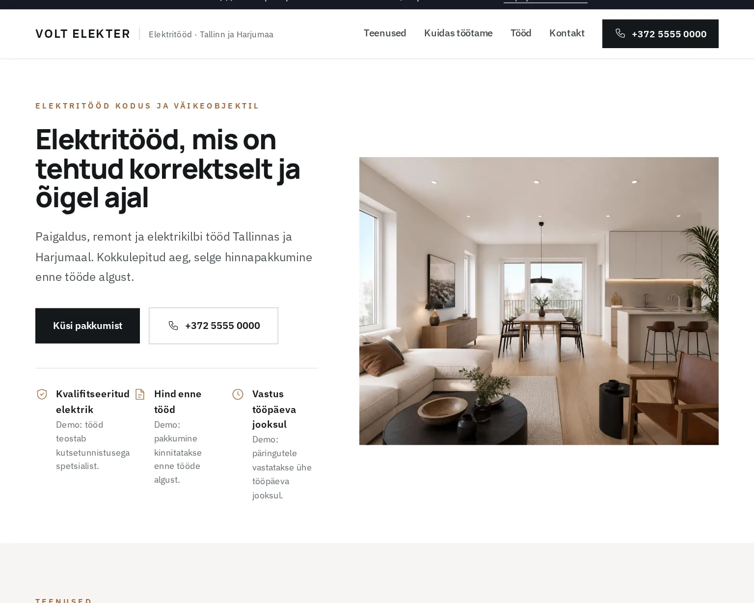 VOLT ELEKTER demoleht - 1PAGE üheleheline näidissait elektrikule: teenused, eelised ja päringunupp